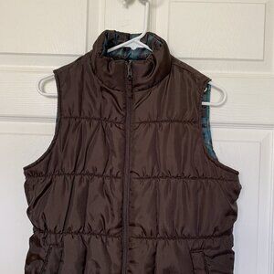 Merona Women’s Medium Brown Reversible Blue Green Plaid Puffer Vest